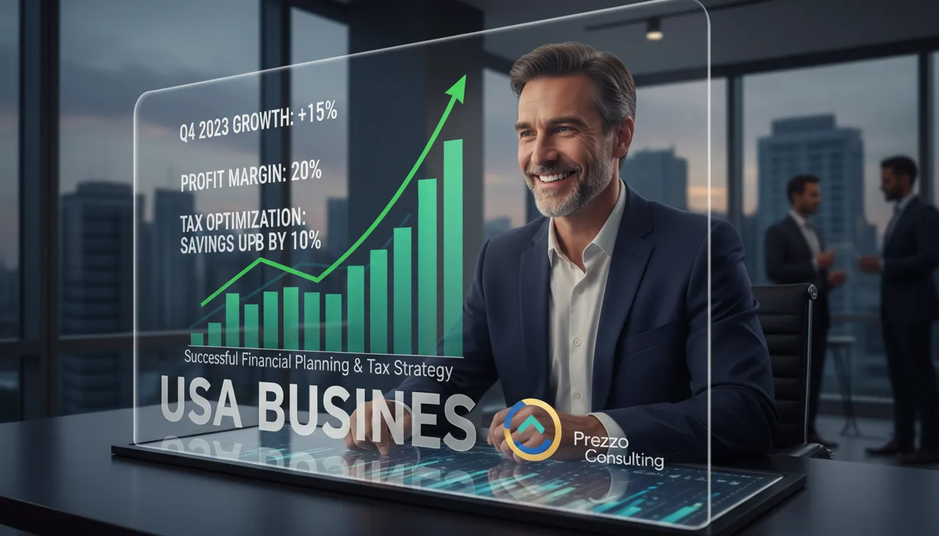 Un empresario exitoso observando el crecimiento de su empresa gracias a la asesoría de Prezzo Consulting sobre Como pagar menos impuestos en Estado Unidos.