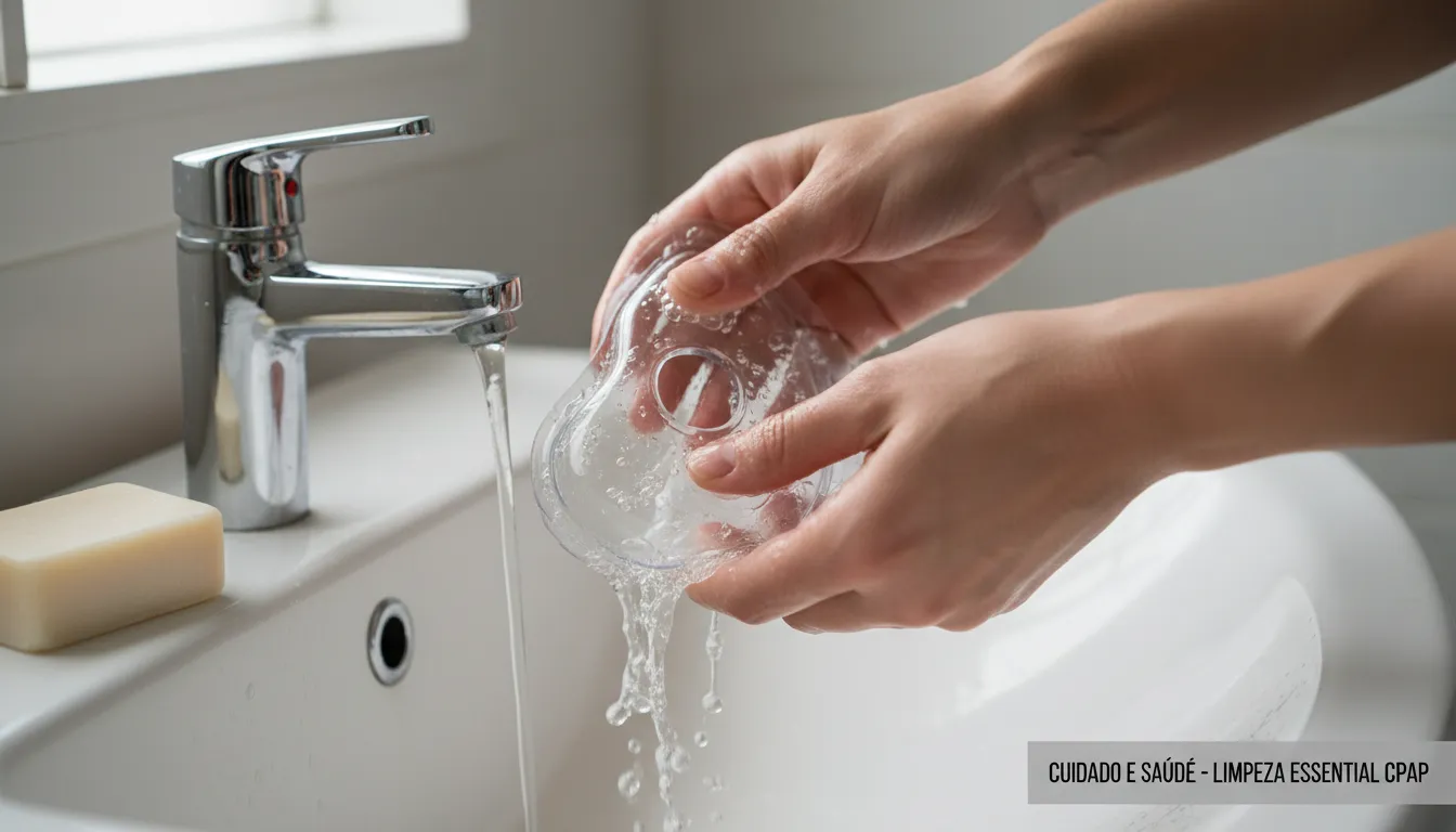Limpeza de m&aacute;scara de CPAP demonstrando cuidados essenciais de manuten&ccedil;&atilde;o e higiene do equipamento.