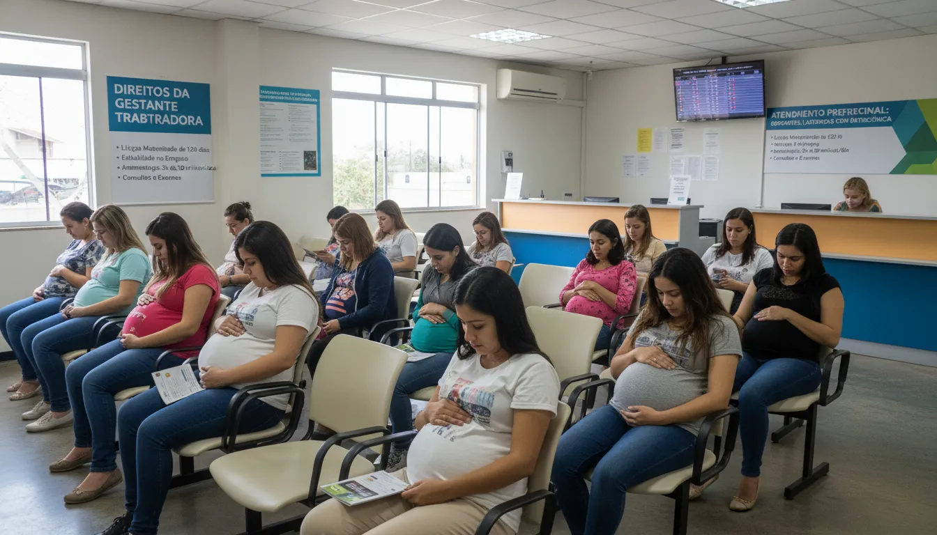 Gestantes aguardando atendimento em repartição trabalhista, destacando busca por direitos e informação.
