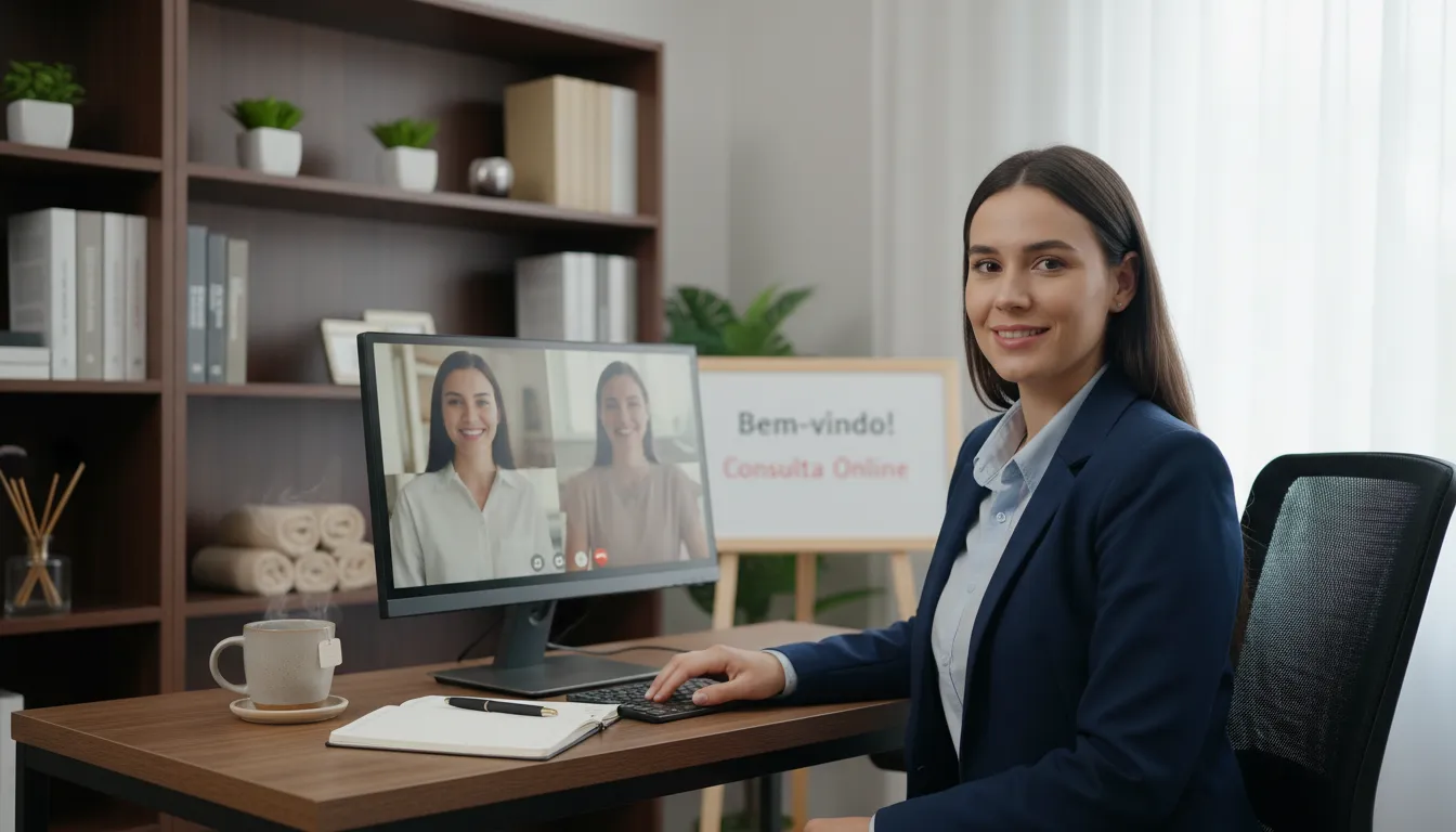 Especialista sorrindo durante sessão online, ambiente profissional e acolhedor com videoconferência ativa.