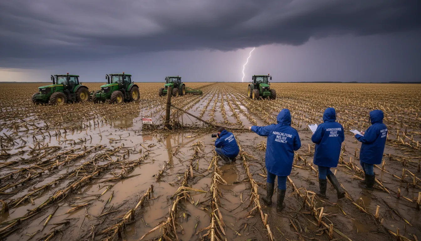 Área agrícola afetada por tempestade, com inspetores documentando prejuízos para prorrogação da dívida rural.