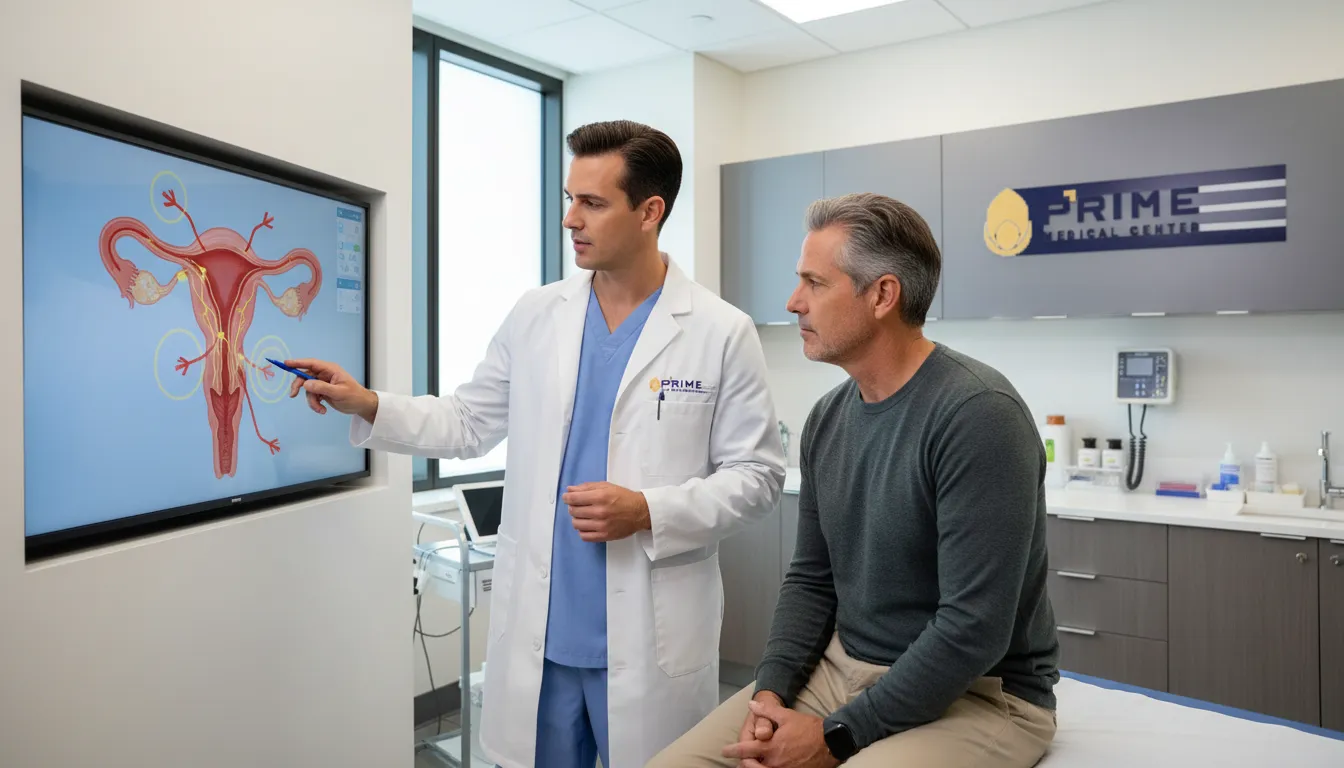 Médico explicando um gráfico sobre disfunção erétil, detalhando se a disfunção erétil tem cura e os mecanismos envolvidos.