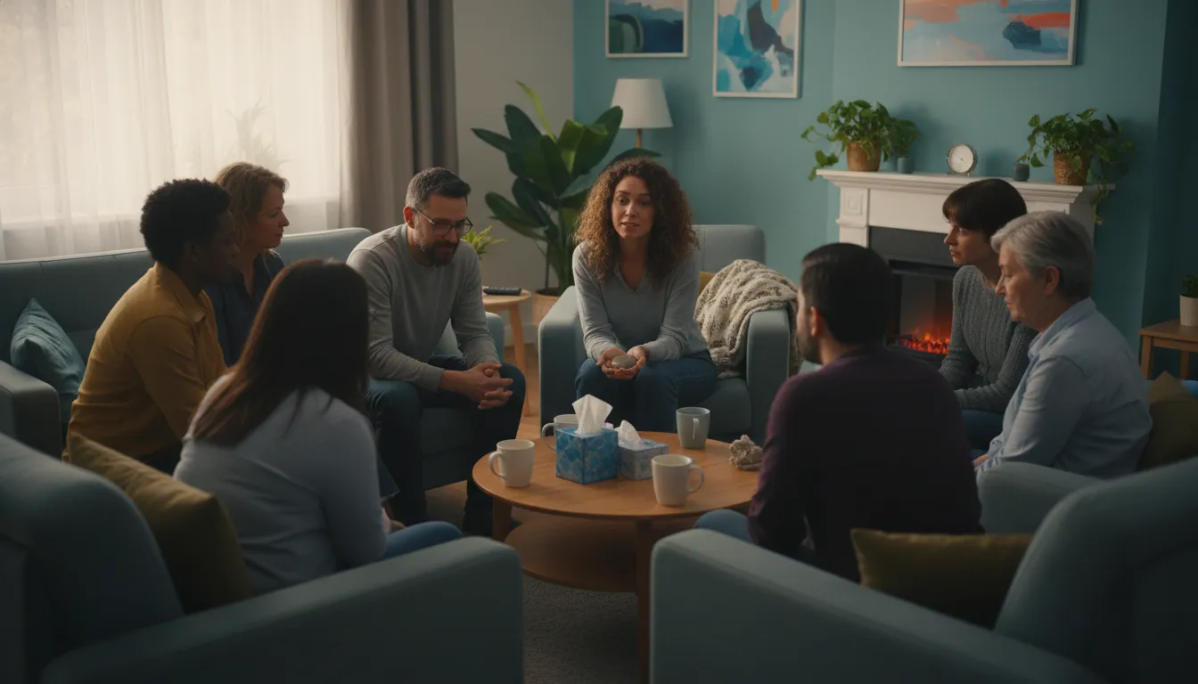 Grupo diverso participando de uma sessão de apoio, promovendo a saúde mental através do compartilhamento e da empatia.
