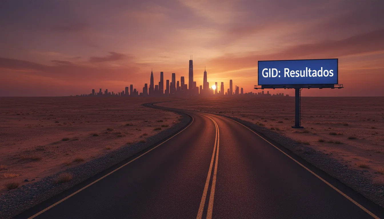 Una carretera que conduce a un horizonte urbano moderno, representando la inversión a largo plazo en marketing de contenido con GID, mostrando el mensaje: GID: Resultados.
