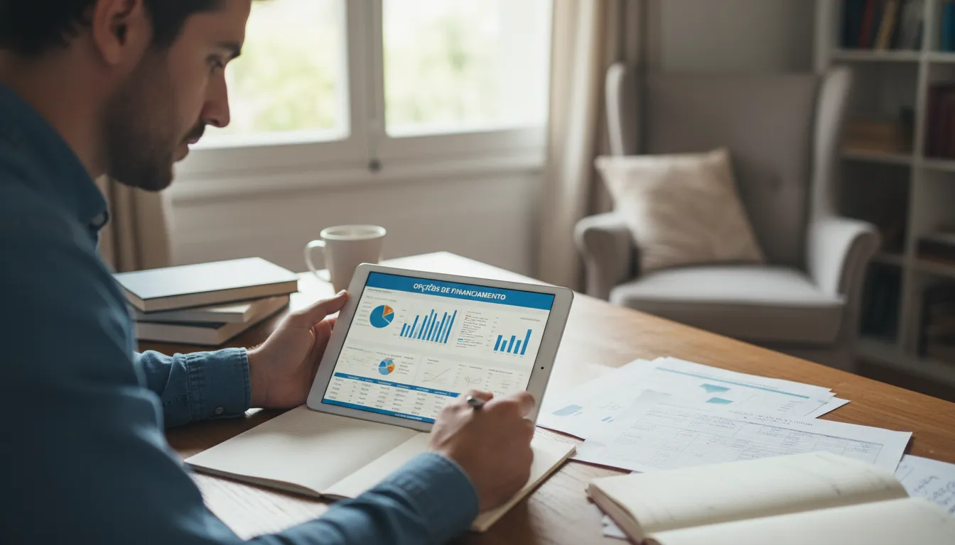 Pessoa estudando condições de financiamento e anotações em ambiente doméstico iluminado.