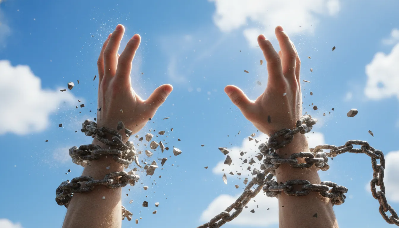 Mãos libertando-se das correntes de juros abusivos e empréstimo consignado, buscando liberdade financeira total.