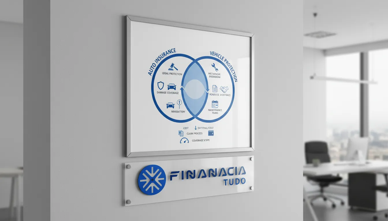 Infográfico comparando seguro auto e proteção veicular: cobertura, custo, requisitos e processos de sinistro detalhados.