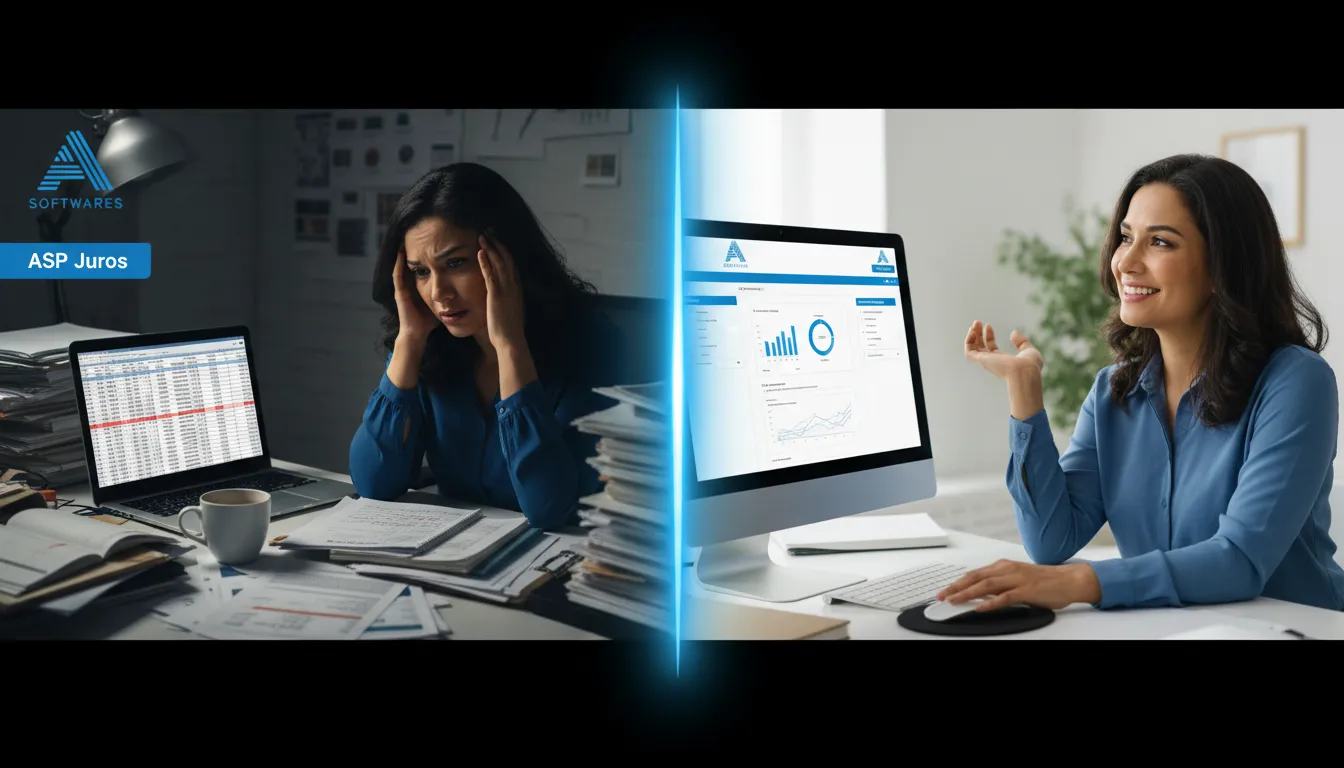 Montagem mostrando um empreendedor estressado com finanças e, em seguida, sorrindo ao usar a calculadora de juros e o sistema da ASP Softwares para organizar suas contas.