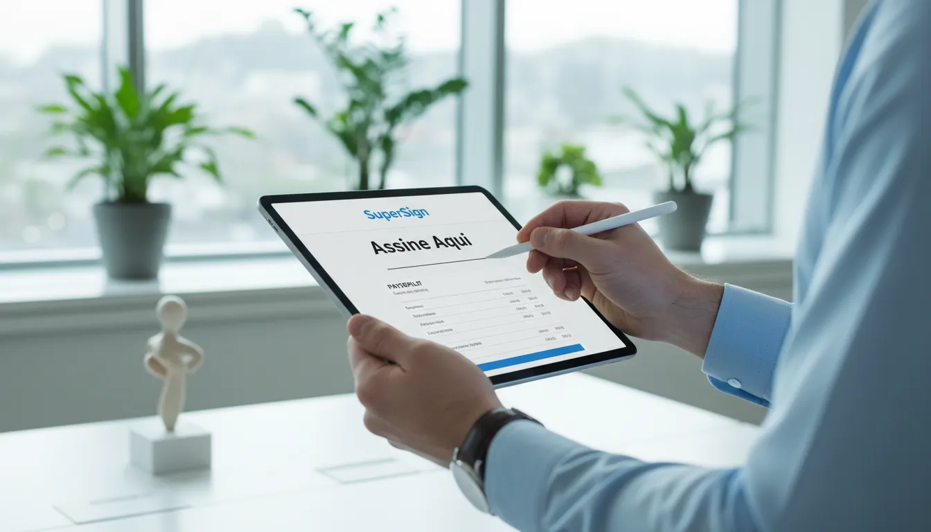Um funcionário assinando digitalmente um holerite online em um tablet, em um escritório minimalista com plantas e luz natural. A interface da SuperSign é visível.
