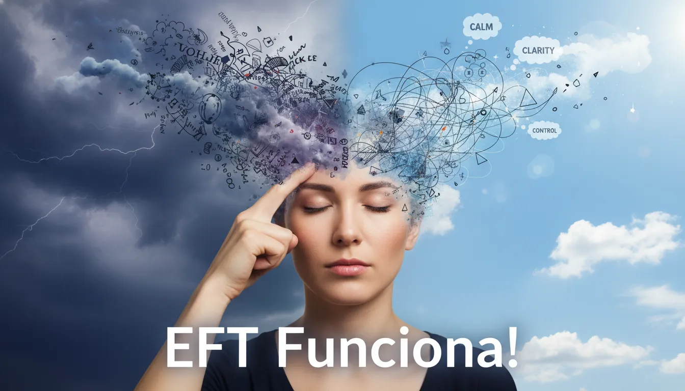 Ilustração de pensamentos caóticos se organizando durante a terapia EFT, mostrando a calma mental alcançada. Alívio do estresse e emoções estagnadas.