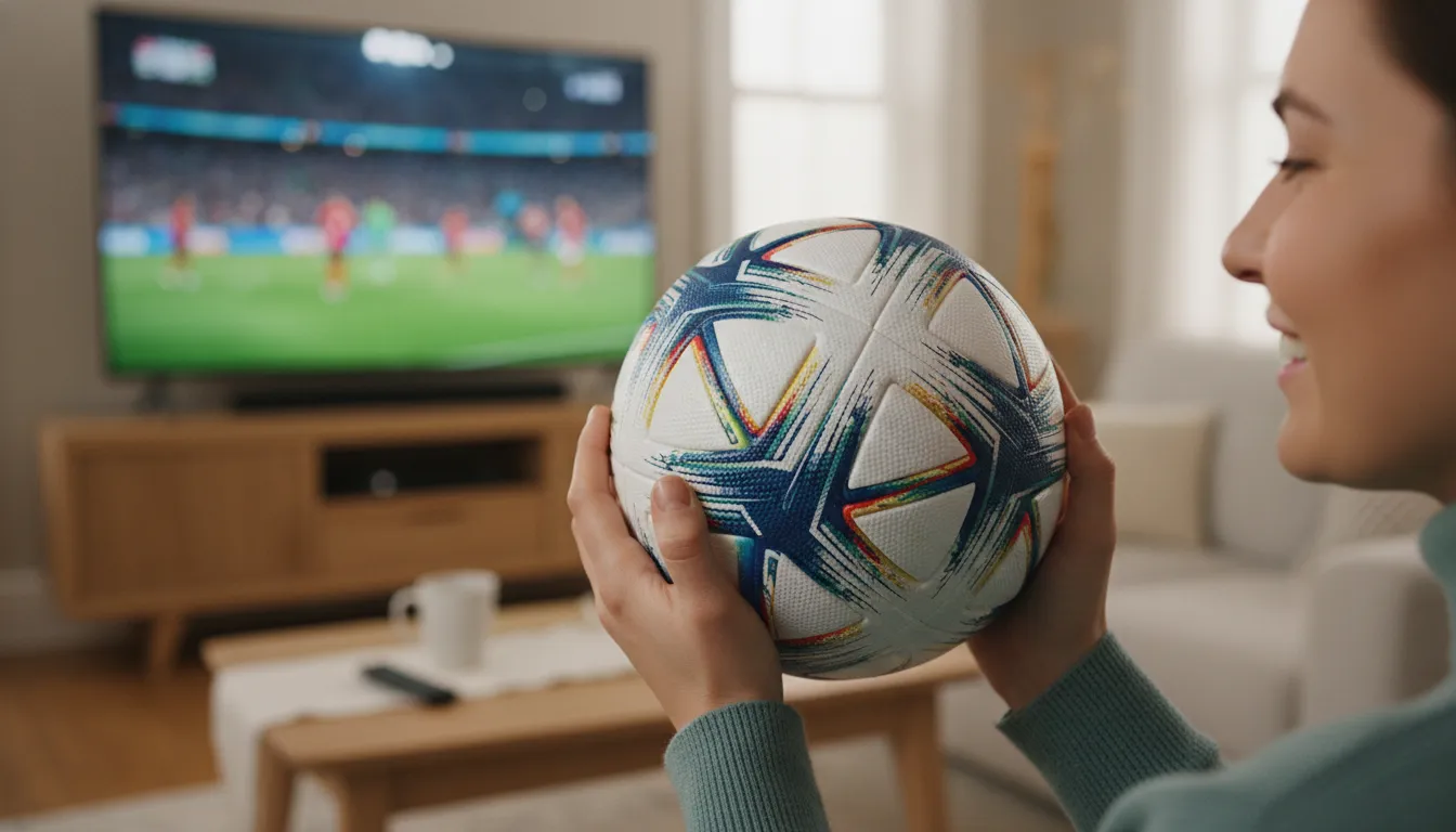 Imagem realista das mãos de uma pessoa segurando a bola copa do mundo 2026 oficial, com TV mostrando um jogo de futebol ao fundo.