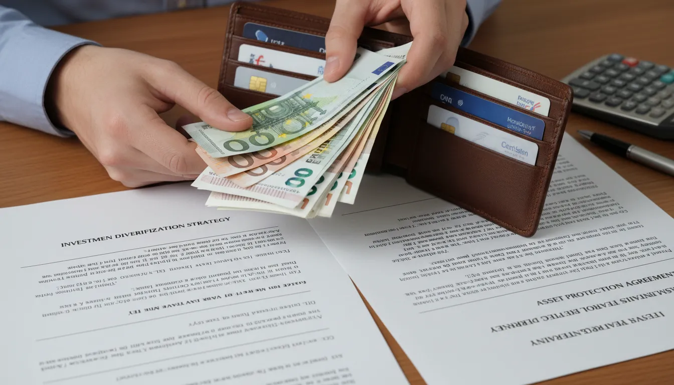 Mãos organizando dinheiro em carteira sobre mesa, destacando diversificação e segurança financeira