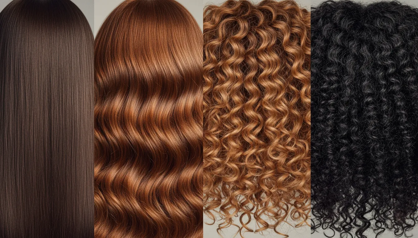 Vários tipos de cabelo brilhantes e saudáveis, demonstrando diversidade e resultados de kits de cuidados capilares.