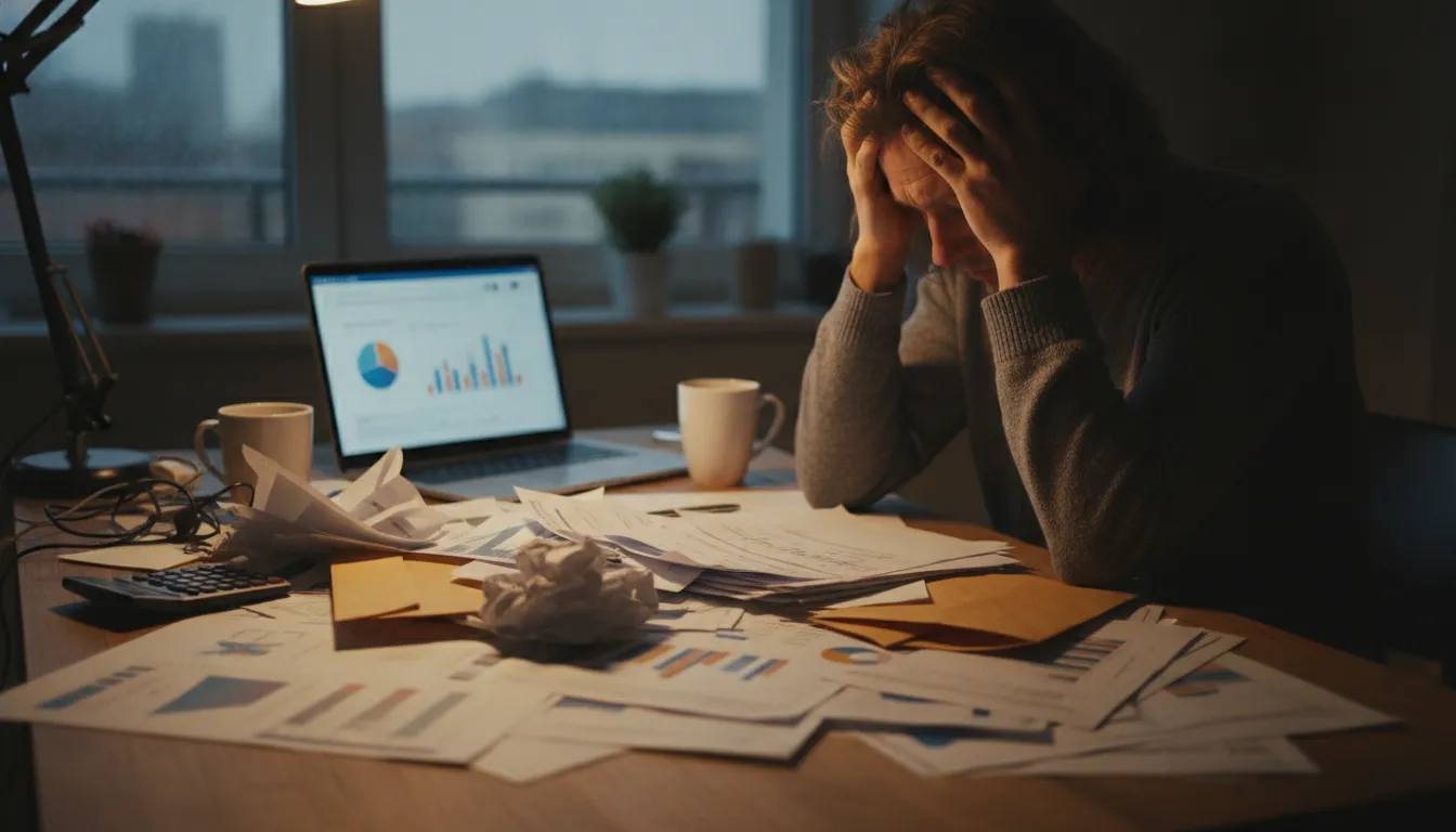 Pessoa estressada com contas e finanças, representando erros que levam à reprovação de crédito e sobrecarga.