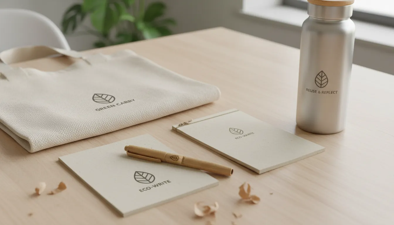 Kit de brindes sustentáveis personalizados com caneta, bloco, ecobag e garrafa reutilizável.