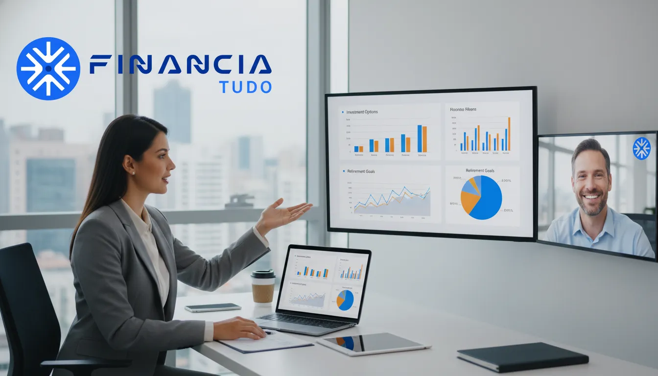 Consultor financeiro em videochamada, oferecendo decisões financeiras em crise personalizadas e planos de investimento para cliente satisfeito.