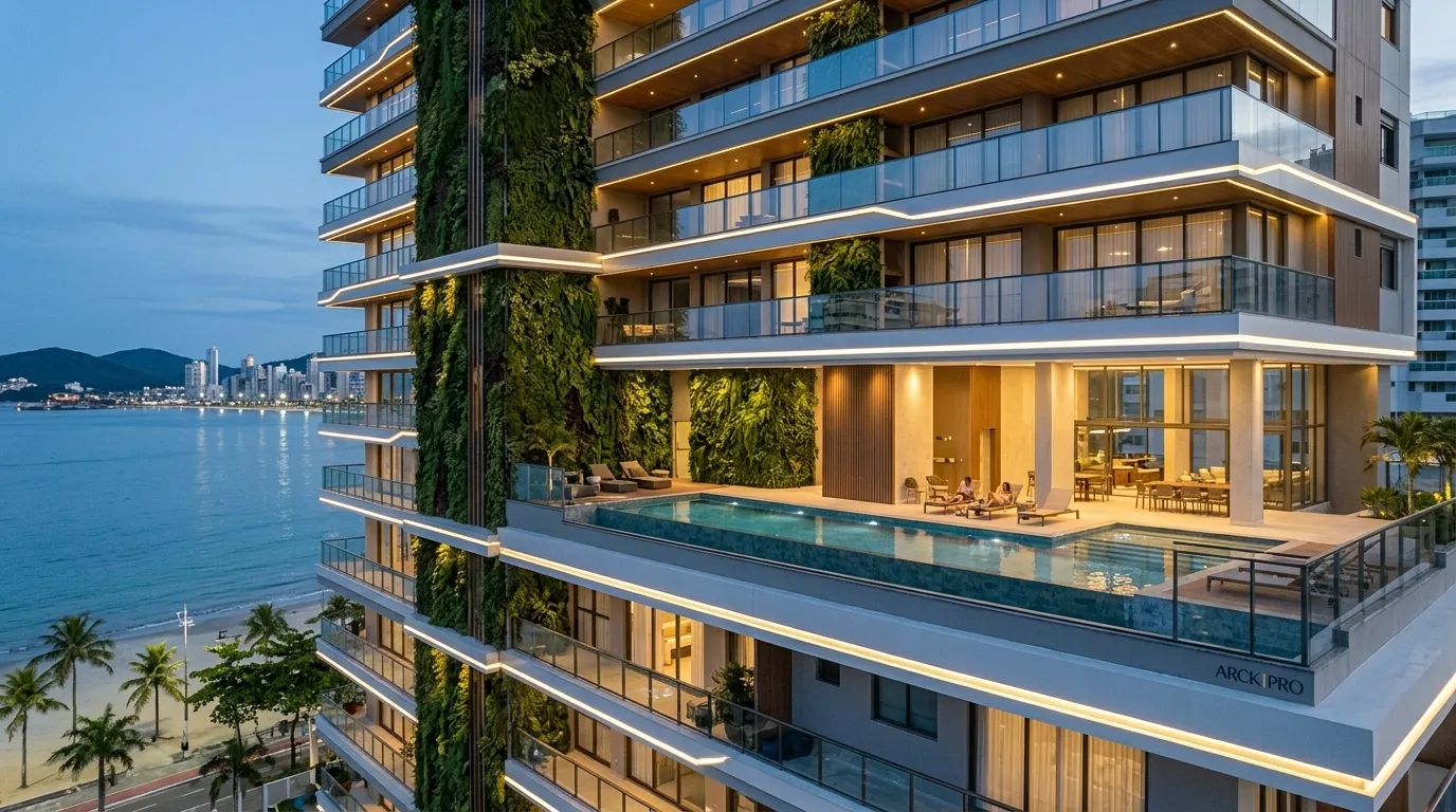 Empreendimento litorâneo de alto padrão projetado para geração de renda imobiliária recorrente.