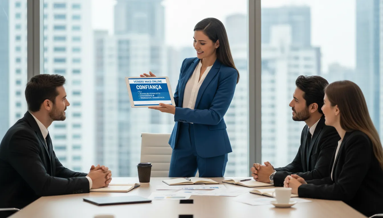 Mulher de negócios apresentando uma proposta comercial impactante, destacando SLA e prova social para facilitar o fechamento e garantir o escopo do projeto.