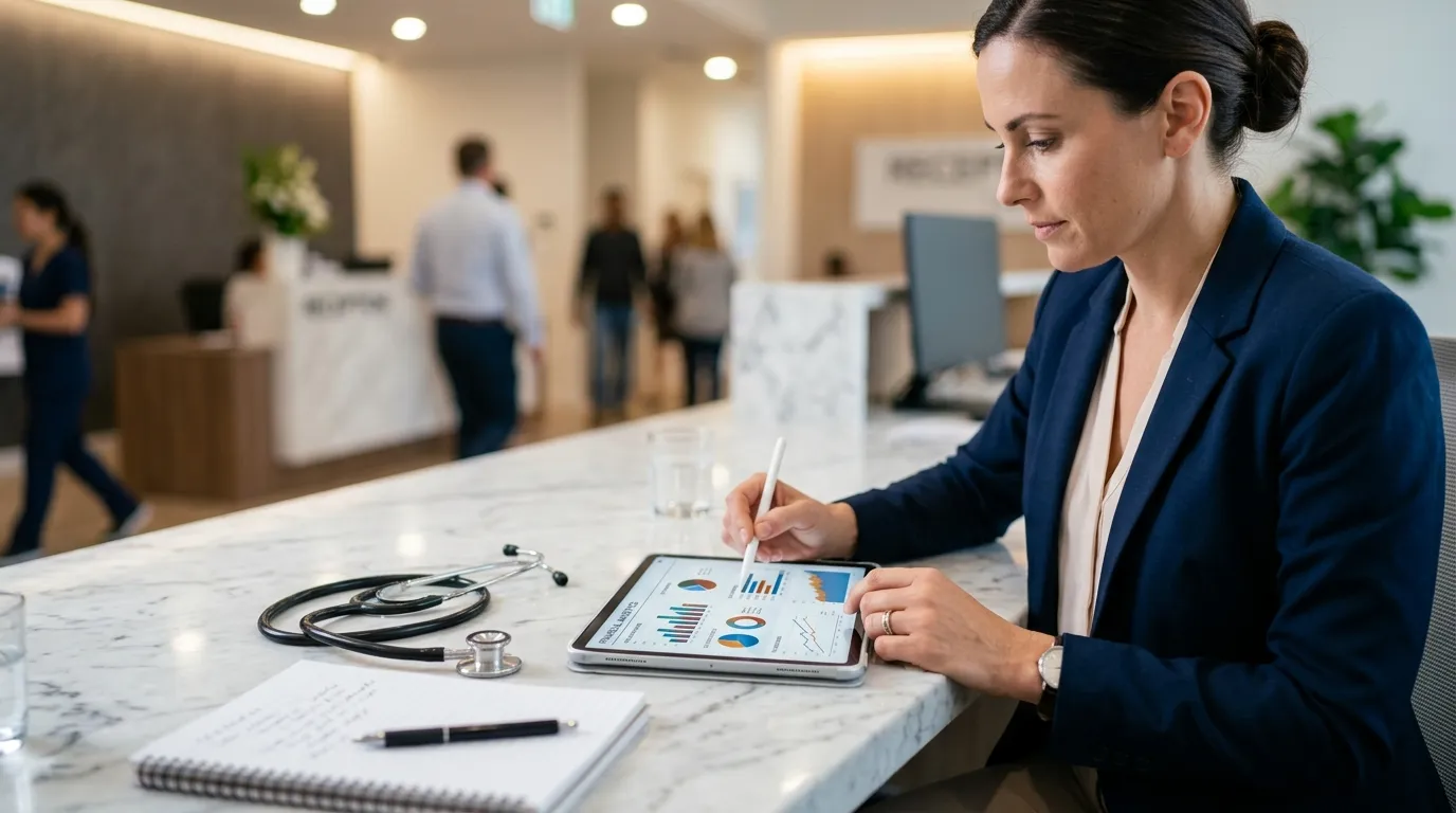Gestão financeira e reforma tributária para médicos e clínicas médicas em 2027 com tablet.