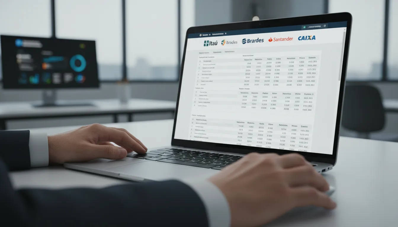 Mãos usam computador em plataforma financeira online para comparar crédito, refletindo agilidade e tecnologia.