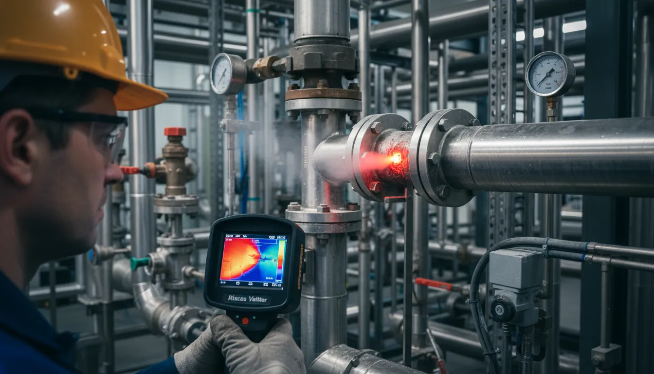 Imagem detalhada de um trabalhador detectando vazamentos em um sistema de refrigeração industrial, evidenciando os riscos ocupacionais na refrigeração industrial e a tecnologia da Veltter.