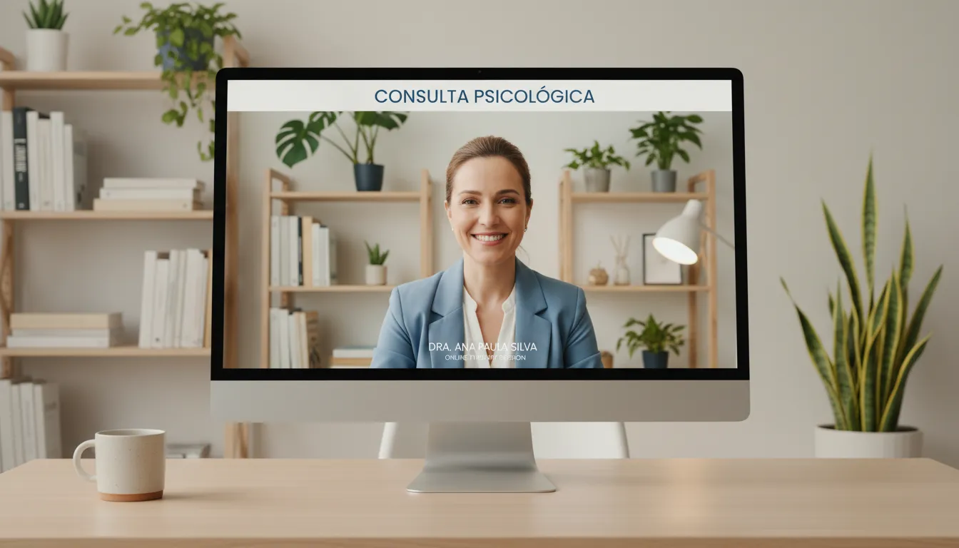 Psicóloga atenciosa em sessão remota, ilustrando qualidade profissional e empatia do atendimento online.