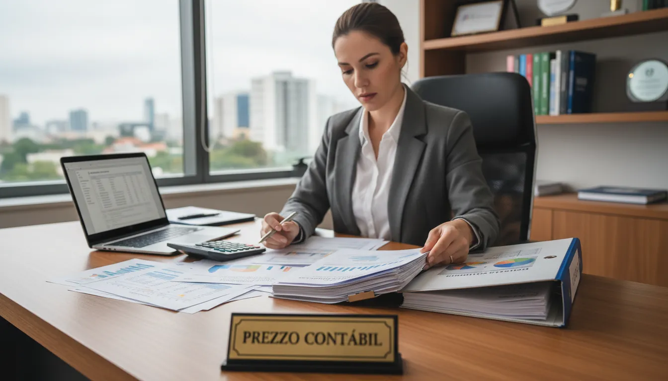 Contador revisando documentos financeiros de uma escola com a identificação da Prezzo Contábil, especialista em contabilidade para escolas em São Paulo.