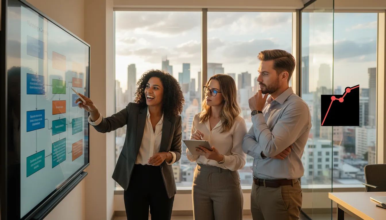 Equipe de marketing colaborando em um plano estratégico, integrando o mapeamento de mercado com metas de vendas e conteúdo.