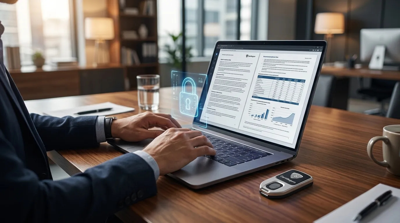 Profissional analisando relatórios de segurança com certificado digital protegido em ambiente corporativo.