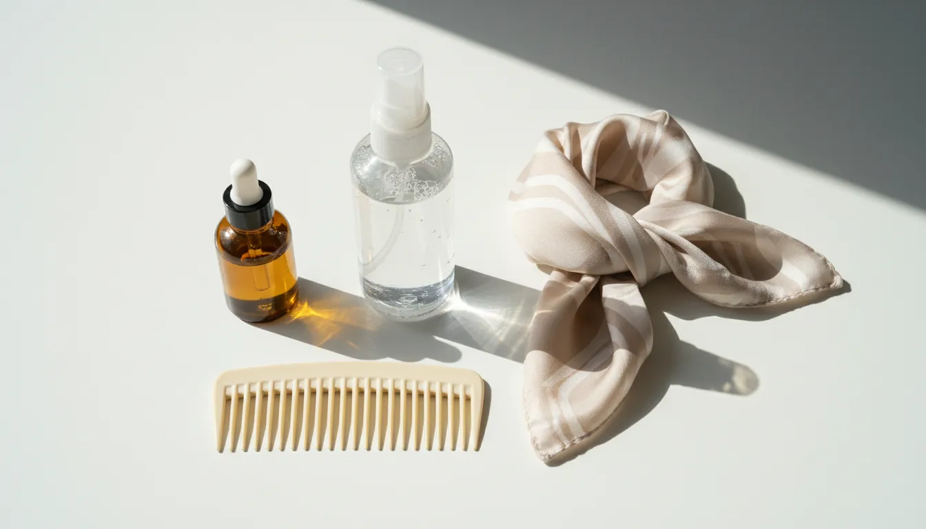 Produtos essenciais para o day after cabelo: spray de água, óleo capilar, pente de dentes largos e lenço de seda.