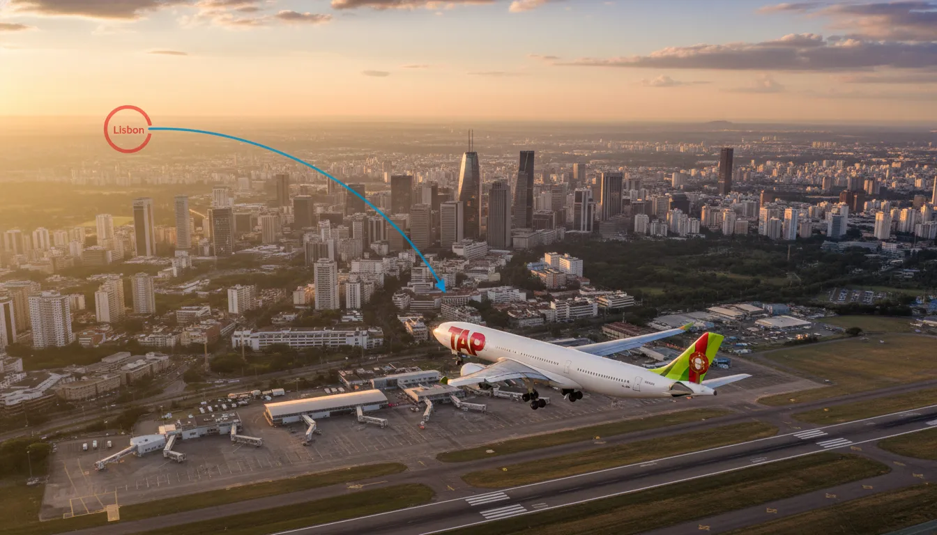 Vista aérea fotorrealista de São Paulo ao amanhecer, com voos lisboa sao paulo chegando ao Aeroporto de Guarulhos.