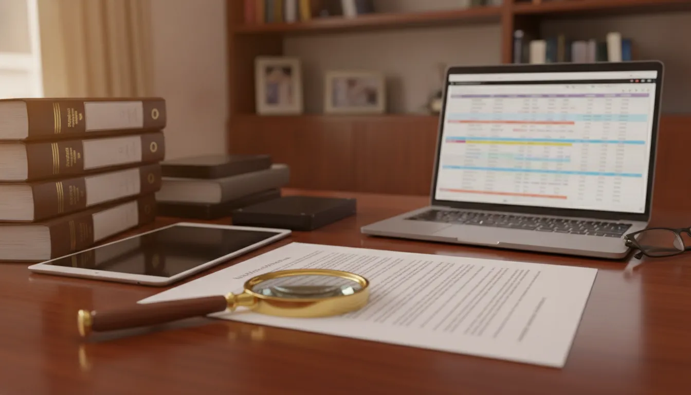 Legal due diligence in progress, with binders, laptop, and magnifying glass, crucial for M&A in Brazil.
