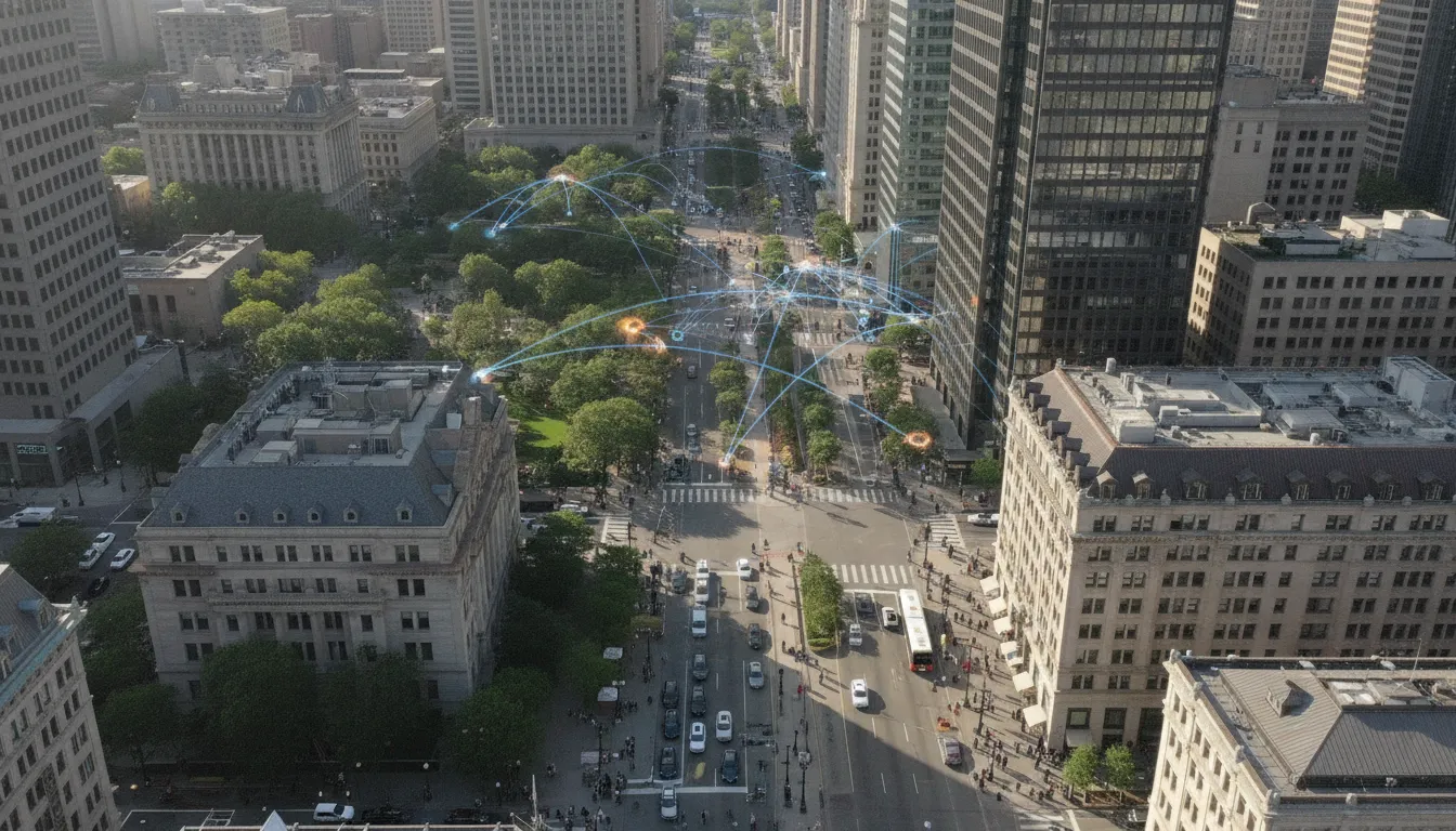 Vista aérea de cidade próspera nos EUA, simbolizando os Melhores Estados para Abrir Empresa e oportunidades.