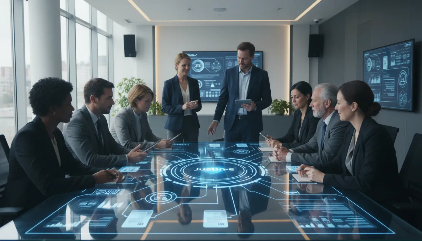 Uma equipe jurídica colabora, utilizando um assistente integrado que simplifica o fluxo de trabalho e aumenta a eficiência.