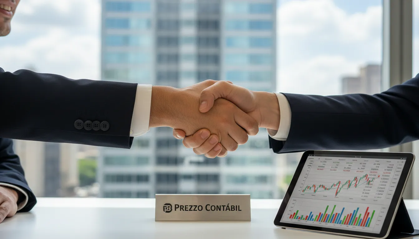 Aperto de mãos em frente à Bolsa de Valores de São Paulo, representando um acordo facilitado pela Prezzo Contábil, seu Contador em São Paulo.
