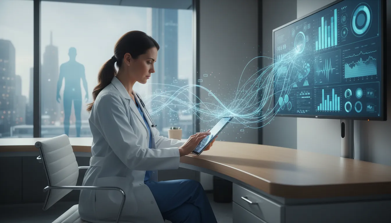 Médico analisando dados de paciente à distância com reiki, integrando a terapia alternativa à medicina moderna.