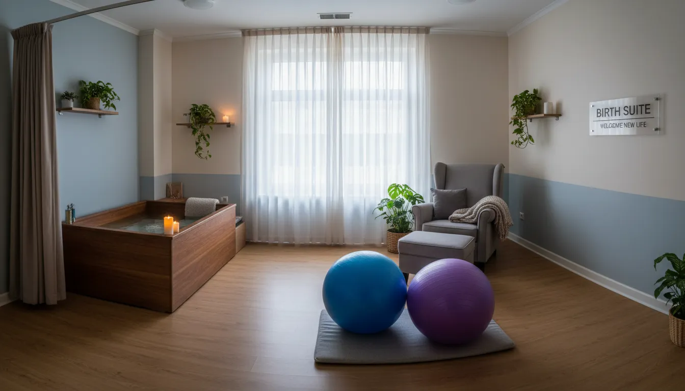 Sala de parto humanizada com iluminação suave, bola de exercício e poltrona para acompanhante