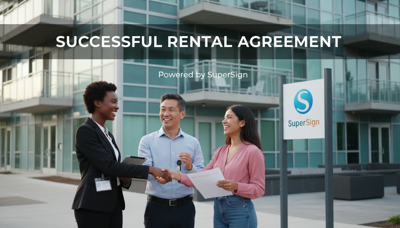 Profissionais celebrando um contrato de aluguel bem-sucedido, simbolizando a eficiência e confiabilidade da SuperSign na formalização do acordo.