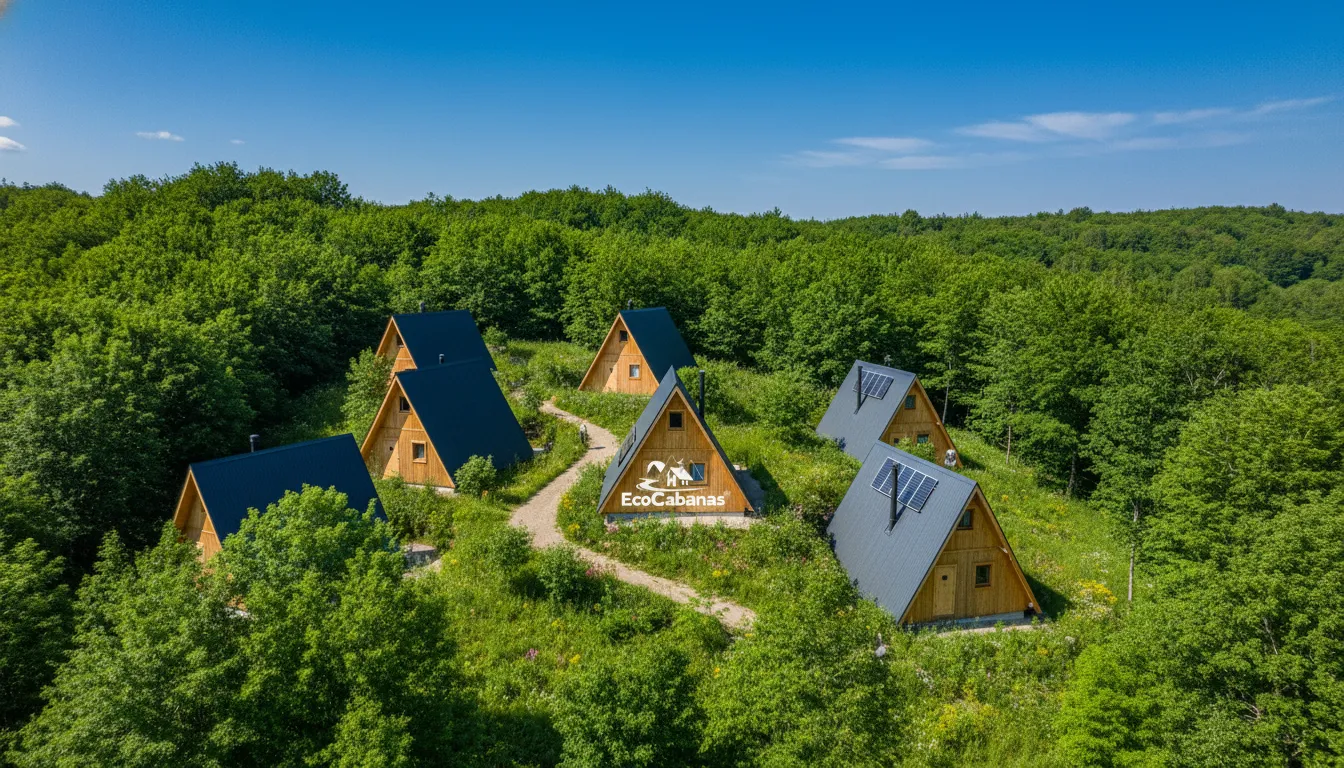 Cluster de cabanas a-frame sustentáveis em uma colina arborizada, integradas perfeitamente à paisagem natural.