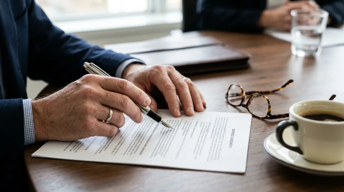 Advogado revisando cláusulas essenciais do contrato de distribuição comercial para prevenção de litígios.