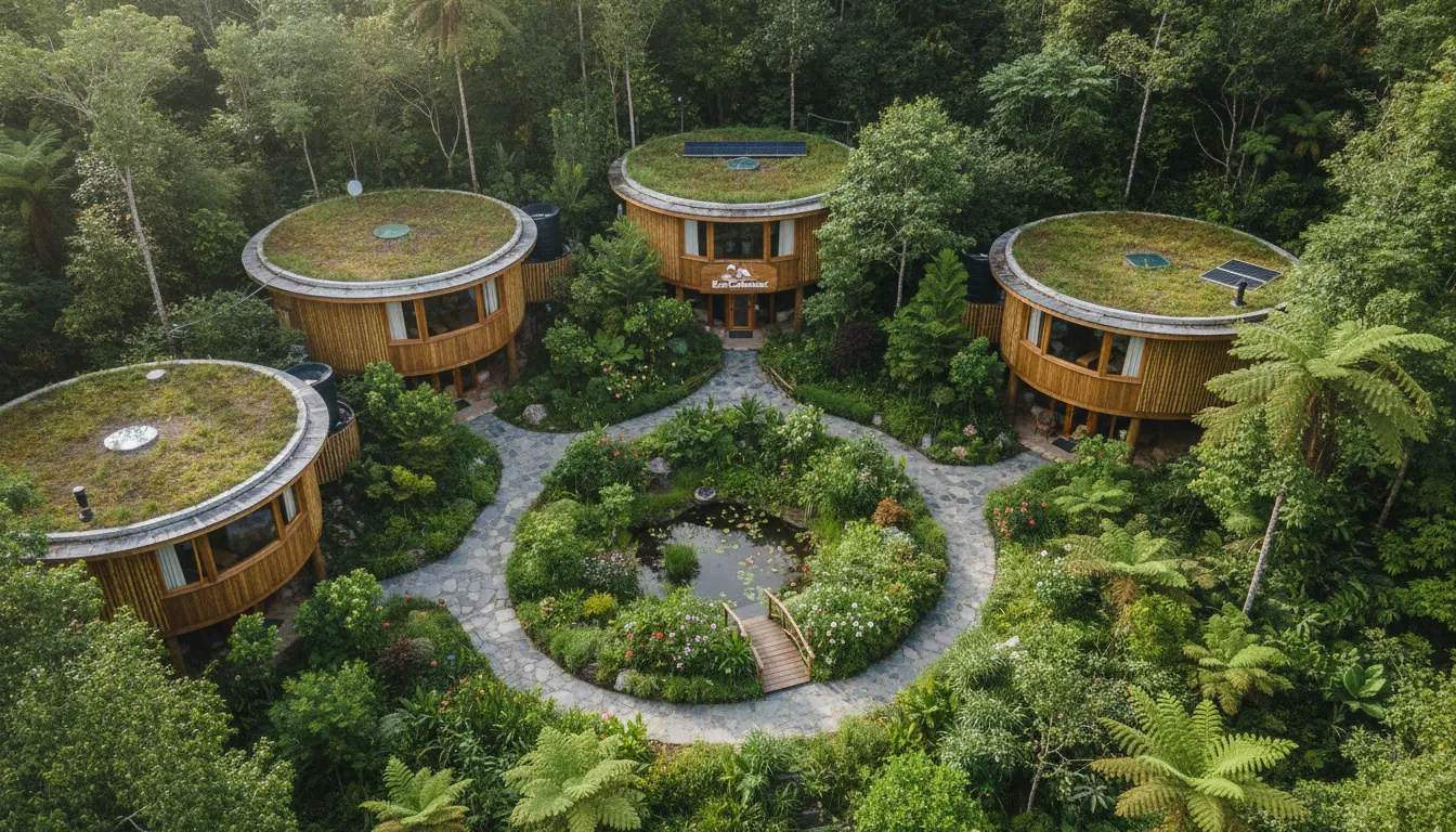 Visão aérea do complexo Eco Cabanas, uma pousada ecológica com cabanas integradas à floresta e jardins nativos.