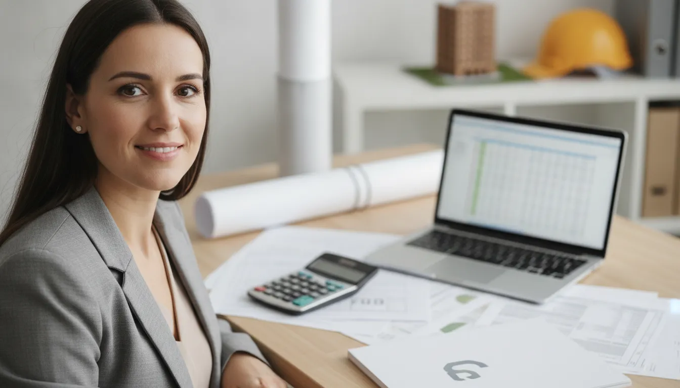 Contadora profissional sorri em sua mesa, com documentos financeiros e laptop, simbolizando serviço de bookkeeping construção.