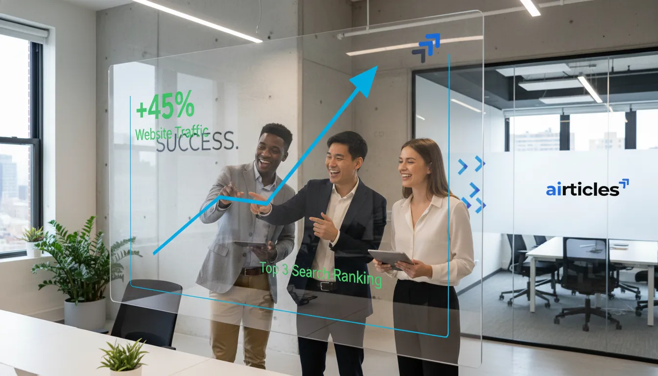 Team reviewing successful seo of site strategies, evidenced by upward trending graphs and increased visitor engagement.