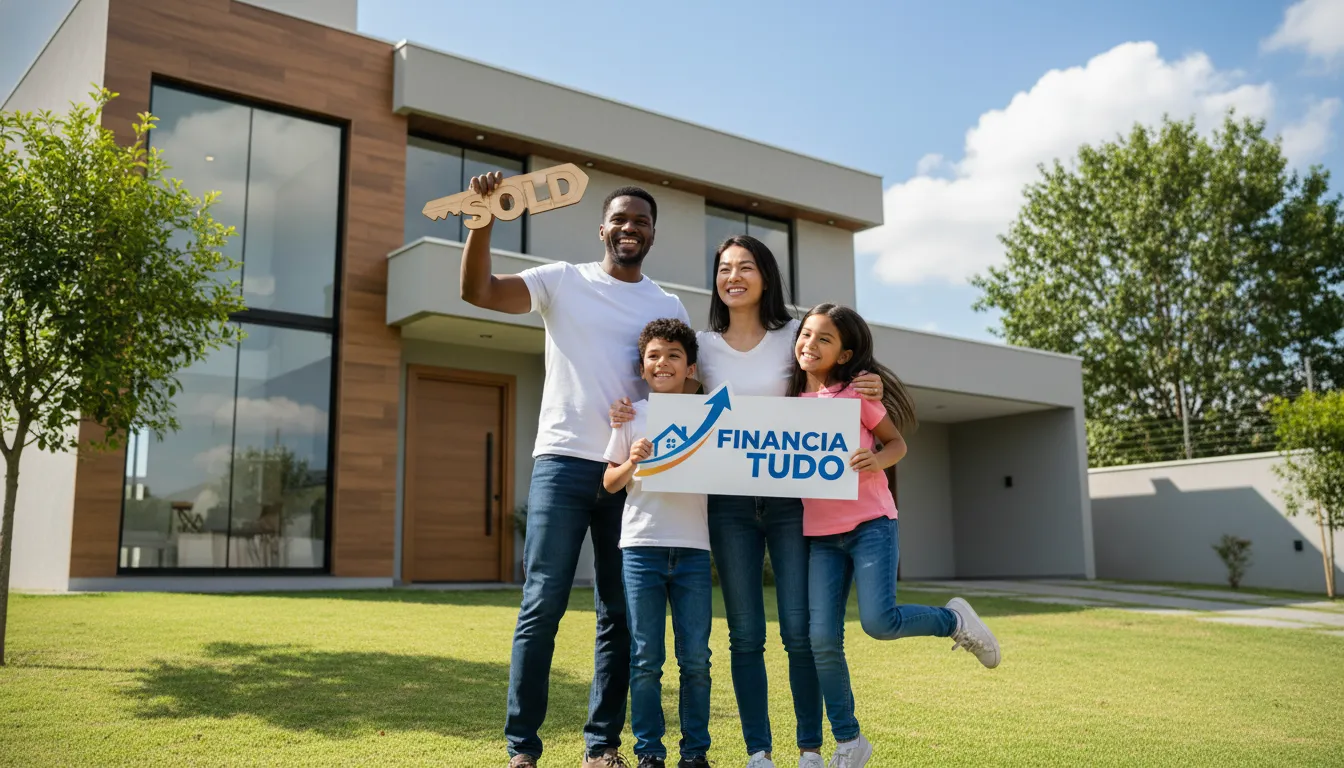 Família feliz na frente de sua nova casa, simbolizando como a renda extra indicando crédito realiza sonhos.