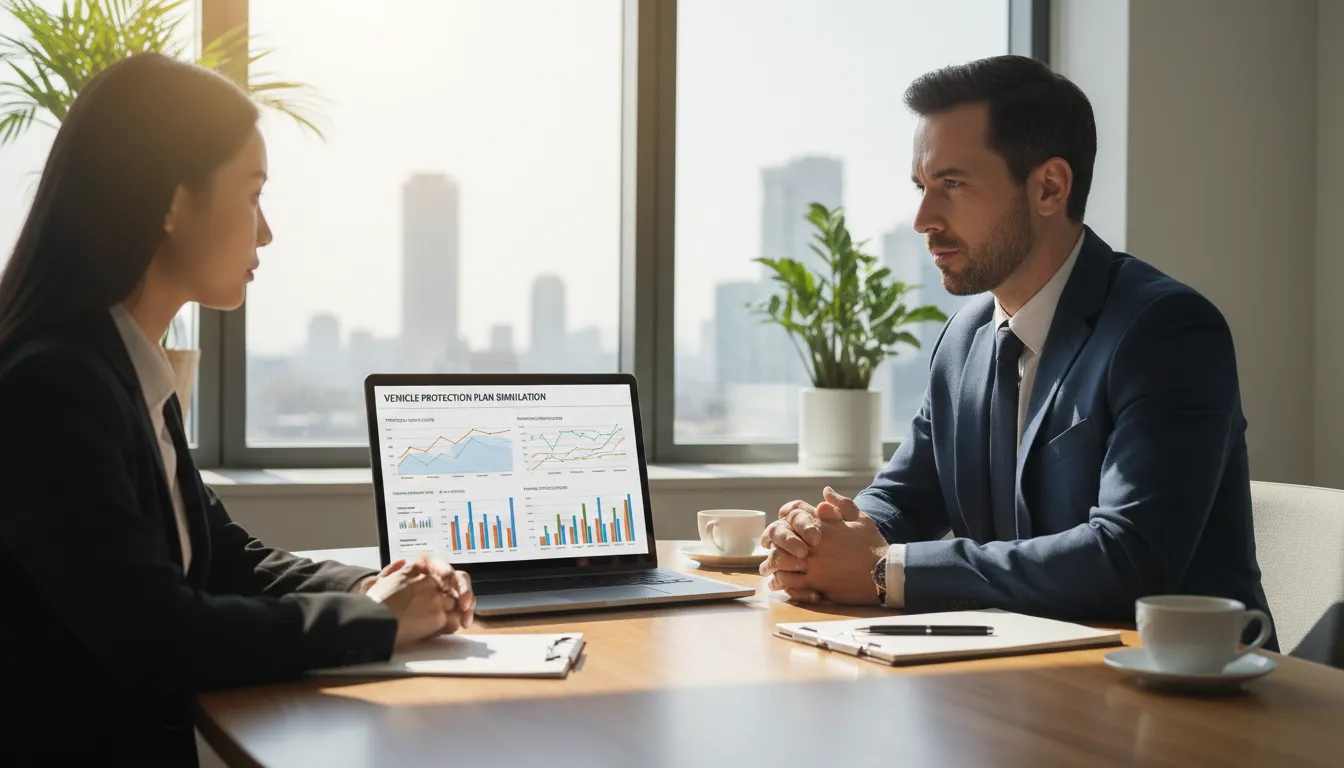 Consultor financeiro orienta cliente com simulações de planos de proteção veicular em ambiente de escritório iluminado