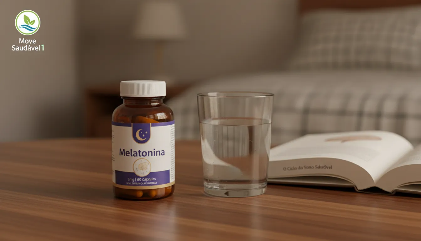 Frasco de suplemento de melatonina sobre uma mesa de madeira. Saiba se a Melatonina Funciona? e quando é recomendado o seu uso para melhorar o sono.