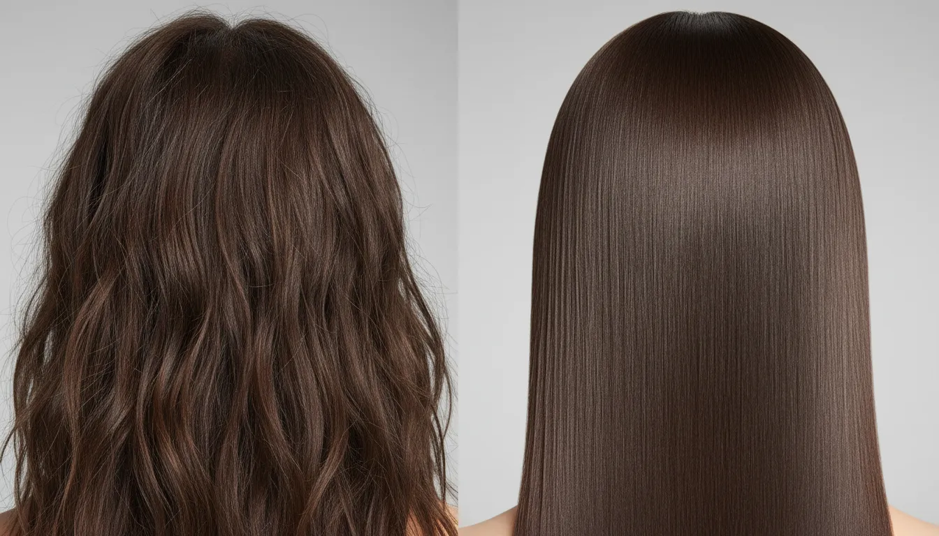 Comparativo de cabelo com e sem frizz mostrando efeito de tratamentos e produtos eficazes