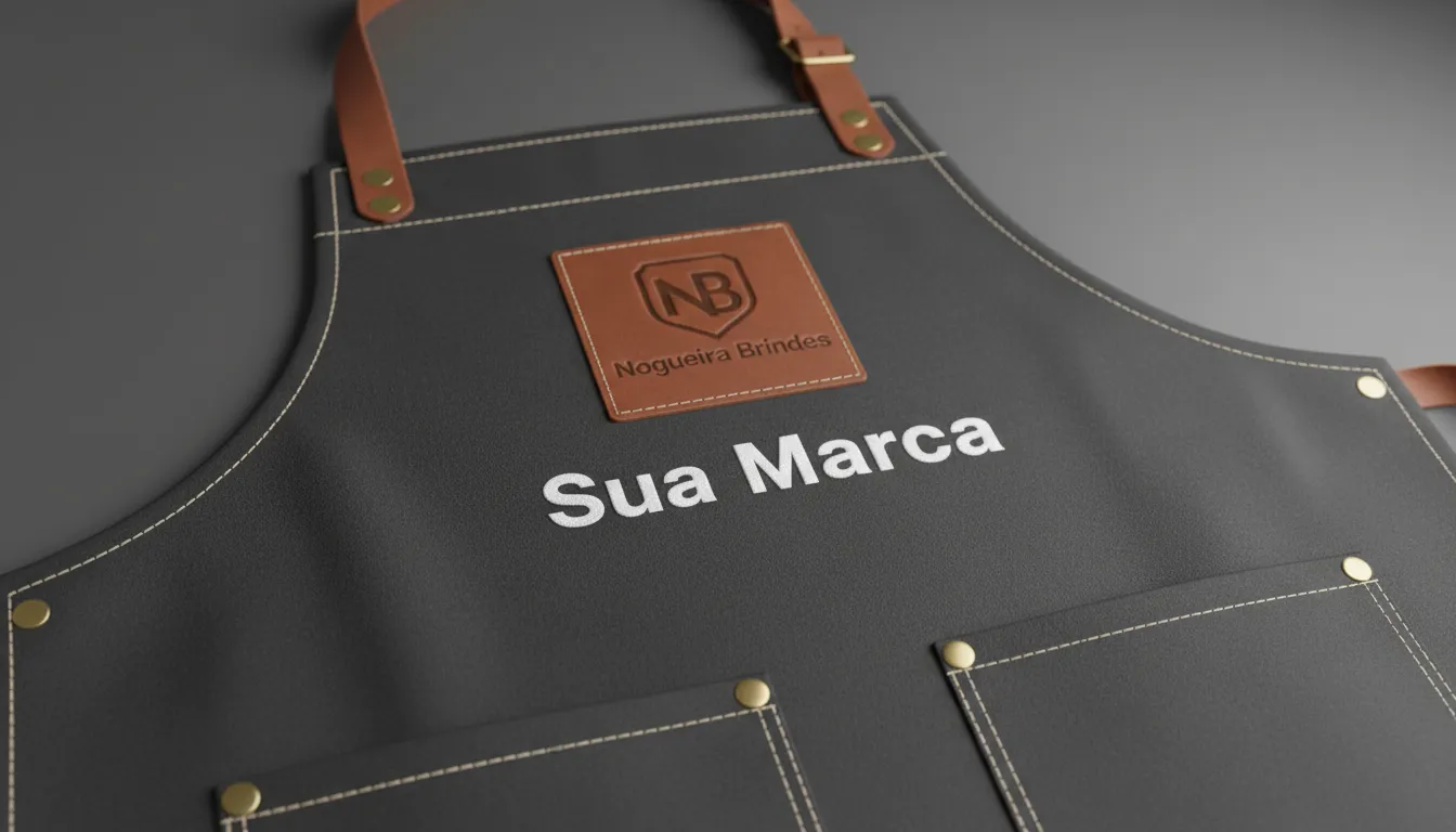 Imagem em close-up de um avental personalizado da Nogueira Brindes, destacando a qualidade do material e a costura profissional.