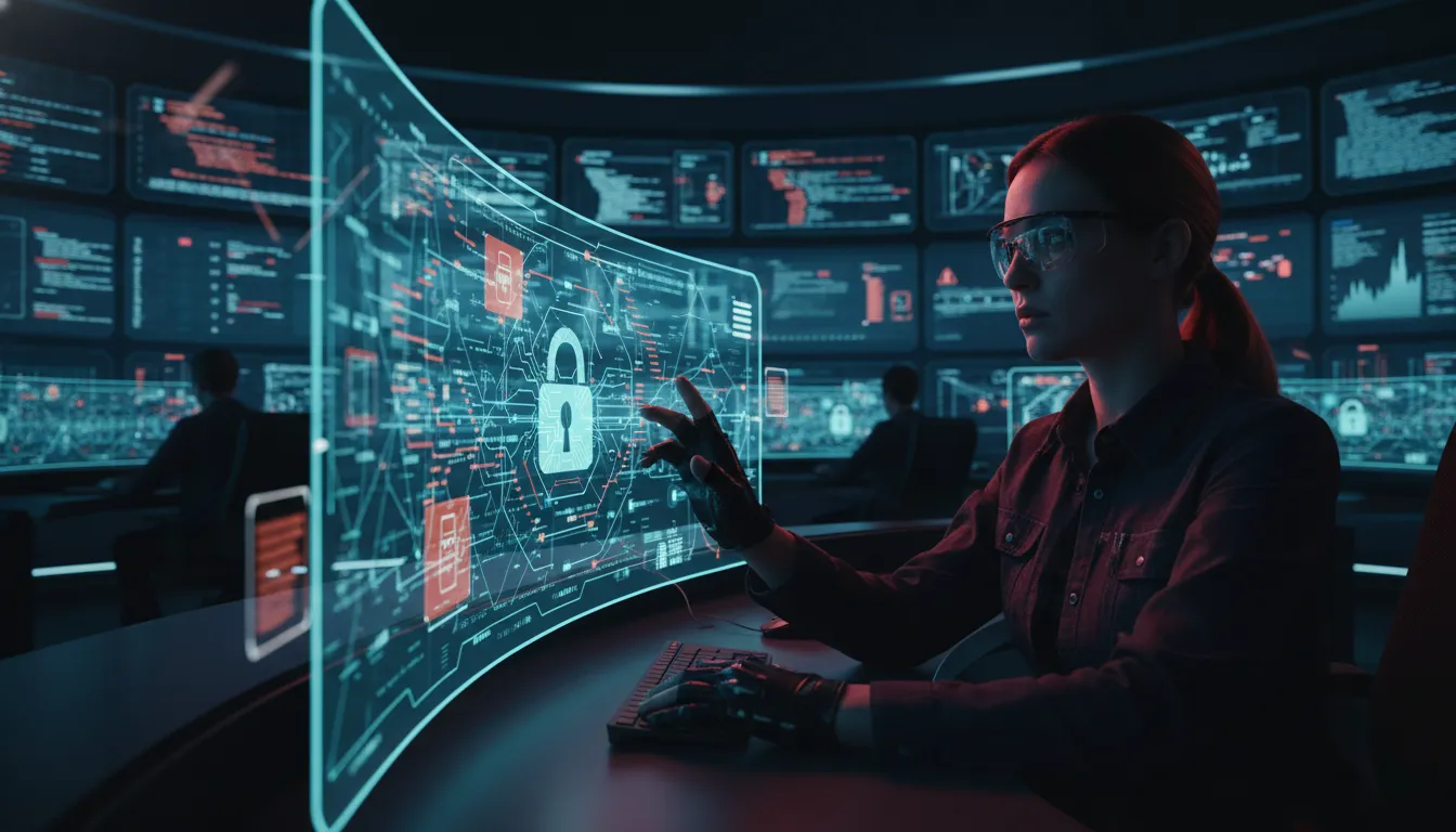 Especialista em segurança cibernética analisando dados com IA em uma compliance classroom ai, com logo da InfoLock.