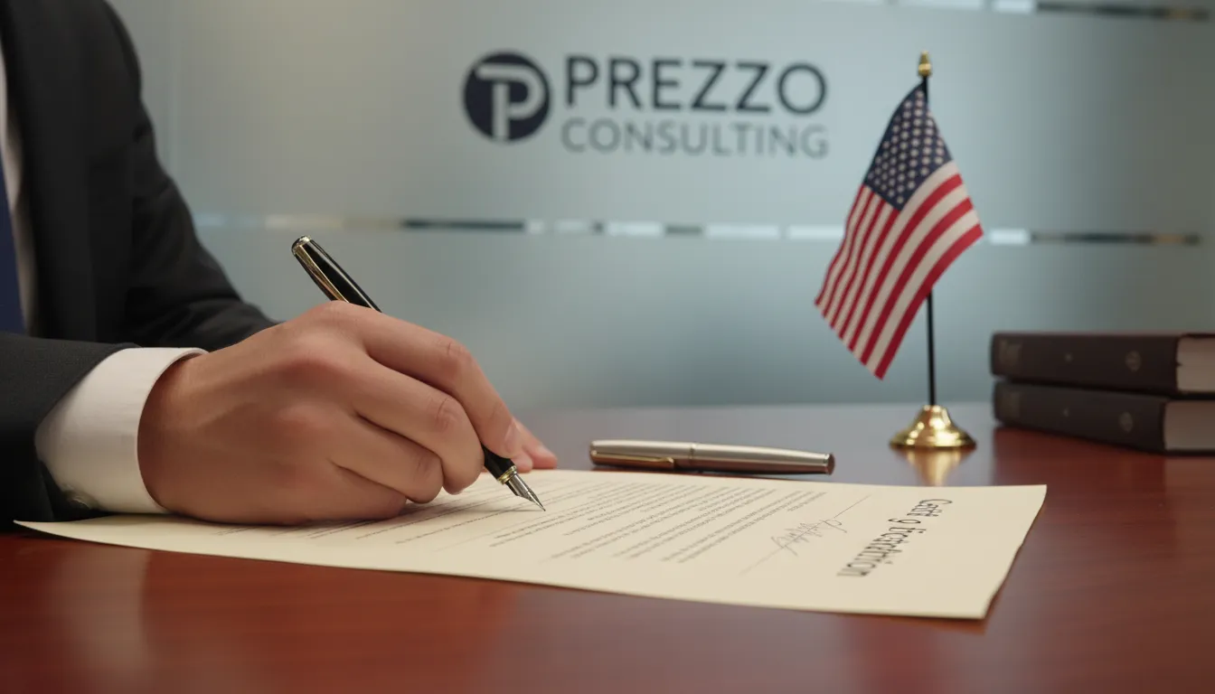 Firma de un documento legal, 'Certificado de Incorporación', para la apertura de empresa en Delaware. Prezzo Consulting garantiza un proceso legal sin problemas.